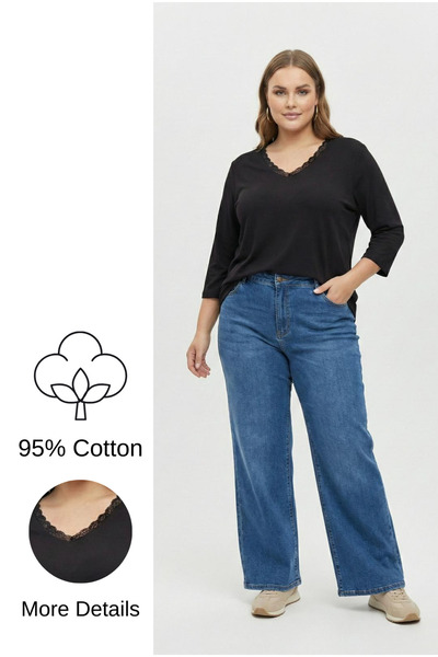 Koza Butik Women's Plus Size Lace Detailed V-Neck Three Quarter Sleeve Cotton...