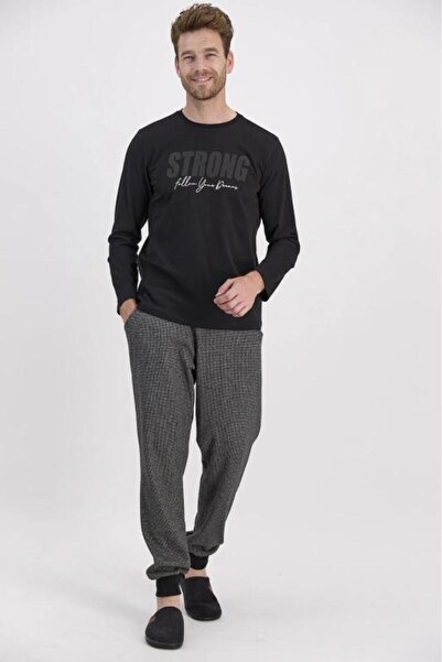 Arnetta Μαύρο ανδρικό σετ πιτζάμες με μακριά μανίκια - Ισχυρό
