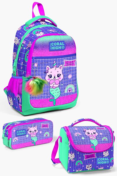 Coral High Set de genți de școală din 3 piese cu model de pisică unicorn, ver...