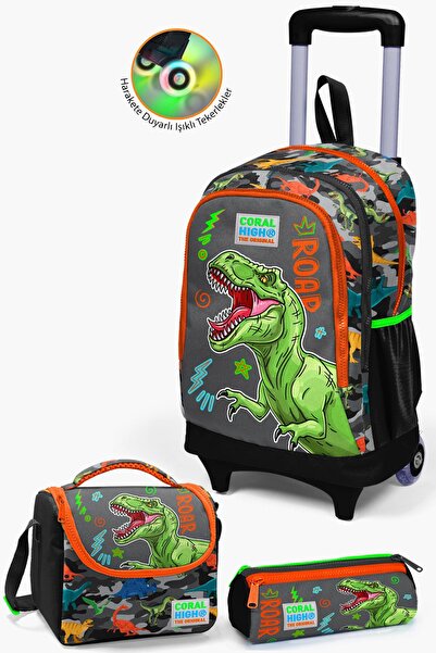 Coral High Kids Siyah Gri Dinozor Desenli Çekçekli 3'lü Çanta Seti SET0123944