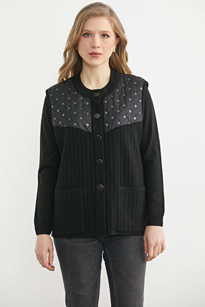 Sementa Vestă tricotată cu nasturi matlasată cu gâtul în formă de O - Negru