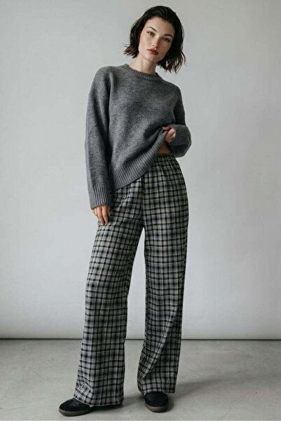 Madmext Gray Elastic Waist Wide Leg Plaid Trousers Mg2658
