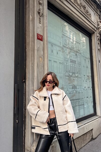 ALFUDO Moda Collection سترة راكبي الدراجات النارية من الفرو البيج من فيرال تيدي