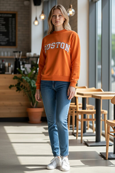 AHMERA Orange Unisex Regular Fit Crew Neck Cuffed Printed Sweatshirt