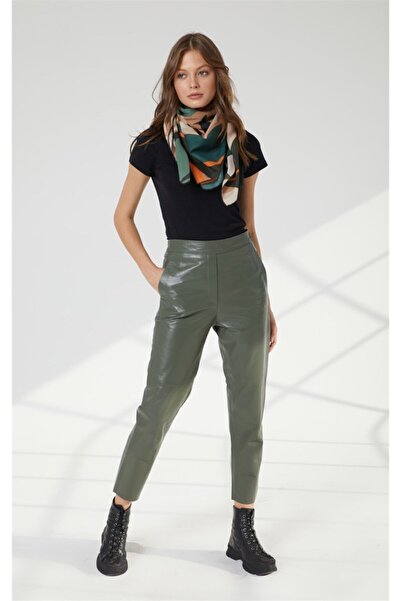 Deriderim Green High Waist Women's Lined Genuine Leather Pants with Belt on t...