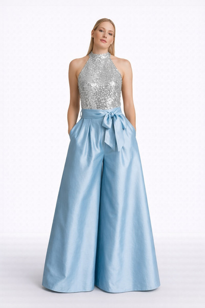 MERT ERKAN Wide Leg Blue Taffeta Trousers with Pockets & Belt Detail