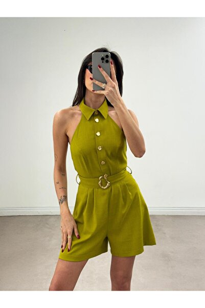 Juste Düğme Detaylı Halter Yaka Şort Tulum Yeşil