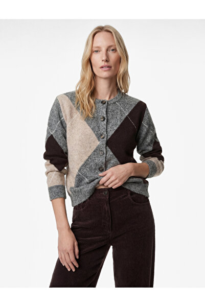 Koton Long Sleeve Buttoned Crew Neck Argyle Pattern Knitwear Cardigan