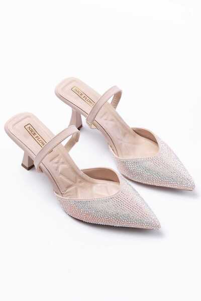 NiceDiffer Kadın Renkli Taş Detaylı Kumaş Topuklu Ayakkabı