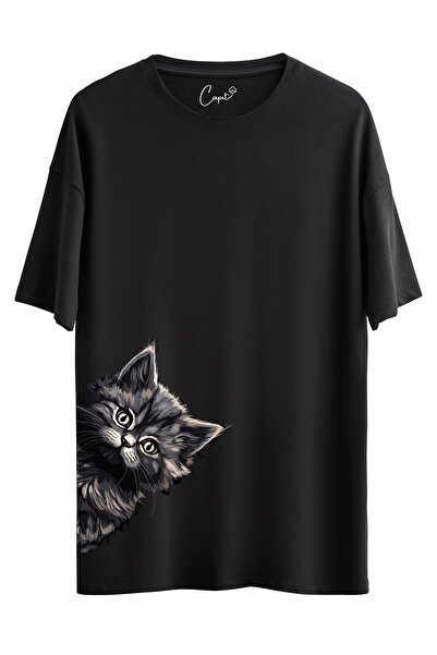 Çapıt Βαμβάκι τεμάχια Kedi με τύπωμα Μαύρο κοντομάνικο μπλουζάκι
