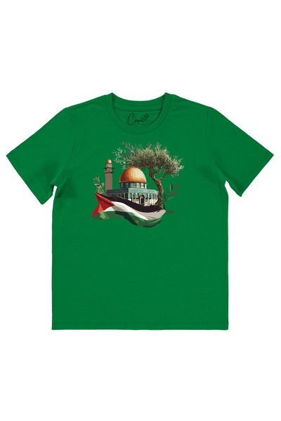 Çapıt Tricou pentru copii verde cu mânecă scurtă, 100% bumbac, imprimat Pales...