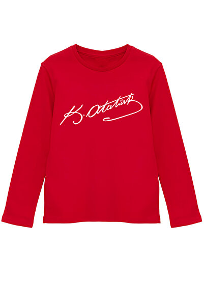 Çapıt Pamuklu Beyaz Atatürk İmza Baskılı Kırmızı Uzun Kollu Çocuk Tişörtü