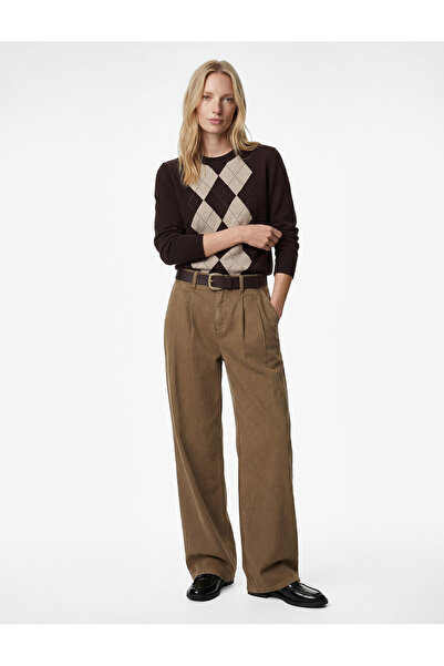 Koton Long Sleeve Crew Neck Rhinestone Argyle Pattern Knit Sweater