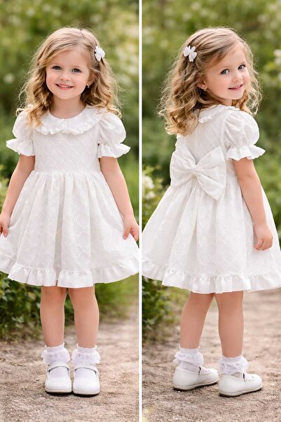 Little Coco Бяла рокля за момиче с бебешка яка и панделка