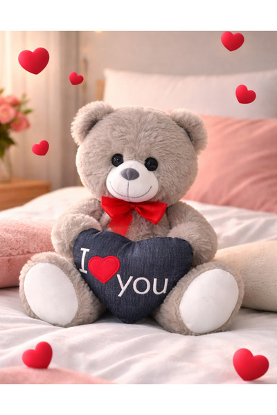 HALLEY Kalpli (I LOVE YOU) Yazılı Sevimli Romantik Peluş Ayıcık 30 cm