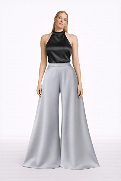MERT ERKAN High Waist & Wide Leg Satin Stylish Trousers