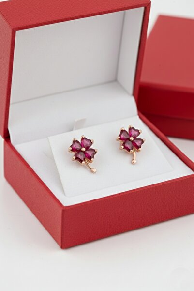 ÇEKİRDEK JEWELRY 925 Ayar Gümüş Yakut Taşlı Yonca Küpe