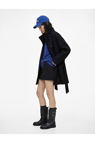 Koton Mock Neck Buttoned Belt Detailed Long Jacket with Pockets