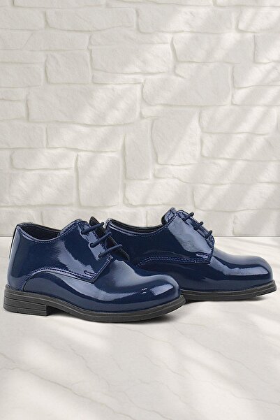 Rakerplus Navy Blue Patent Leather Rubber Laced Oxford Baby Shoes
