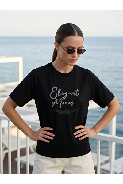 Amia&Co. Tricou de damă 100% bumbac, negru, cu mânecă scurtă, decolteu rotund...