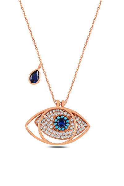 ÇEKİRDEK JEWELRY 925 Ayar Gümüş Rose Altın Kaplama Mavi Taşlı Nazar Göz Kadın...