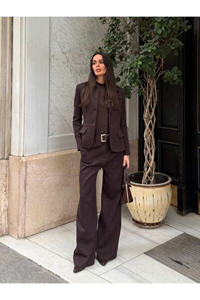 Juste Dokulu Pileli Palazzo Pantolon Kahverengi