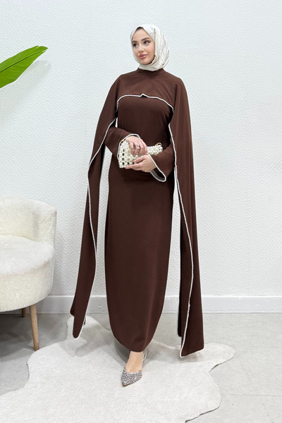 Tesettür Diyarı فستان سهرة إسلامي من الكريب اللؤلؤي من مايرز - لون بني غامق