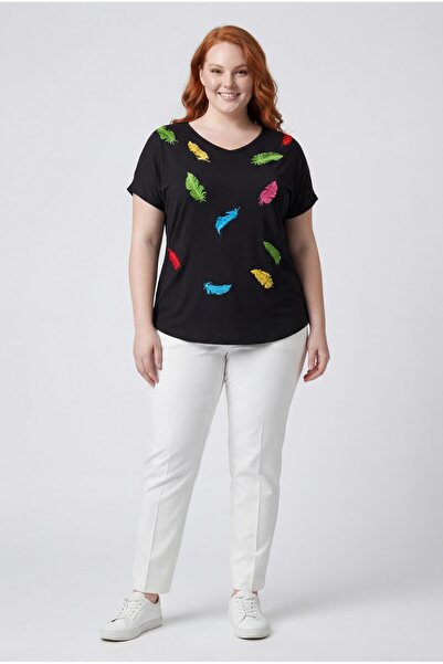Ebsumu Women's Plus Size Colorful Leaf Embroidered Black Blouse