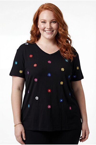 Ebsumu Bluză neagră cu decolteu în V, cu broderie florală colorată, mărime ma...