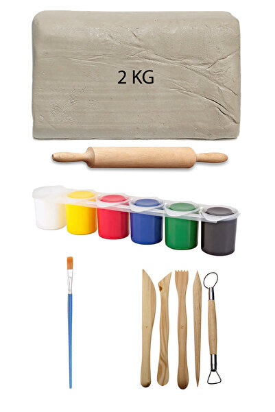 ACUTO Beyaz Seramik Hamuru 2 kg Kil Ebeşuar Seti 6x15 ml Akrilik Seti Seramik...