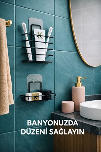 KARTEYA Metal Banyo Duvar Organizeri - Yapışkanlı Diş Fırçalık ve Sabunluk Se...