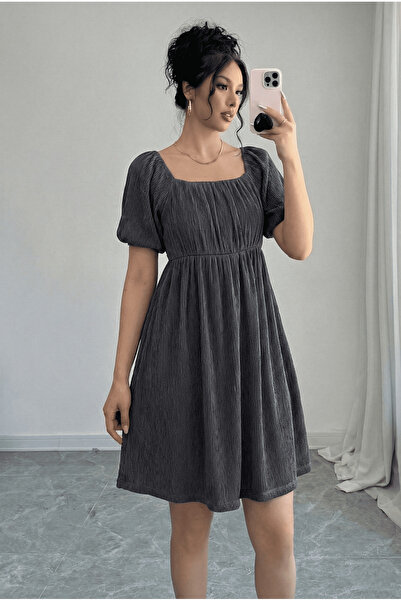 LİVE SPORT Kadın Kare Yaka Karpuz Kol Robadan Mini Elbise - Gri