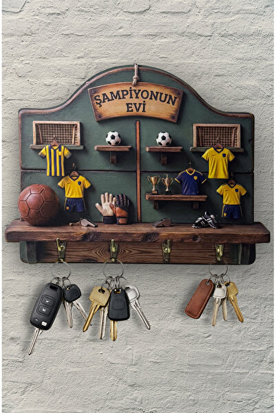 2D Ahşap Duvar Askısı Anahtarlık Retro Sarı Lacivert Futbol Temalı Dekoratif Duvar Anahtar Askısı