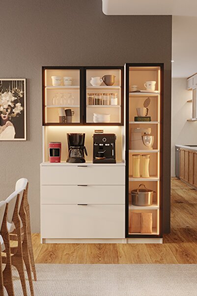 Avmpark Orea Temperli Cam Kapaklı Ledli Kahve Köşesi Kiler Dolabı Mutfak Tezg...