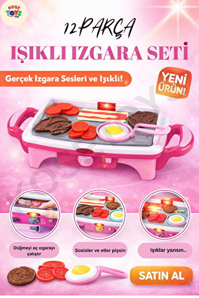 kosetoys Mangal Seti Işıklı Pilli Kız Erkek Şef Çocuk Oyuncak Izgara Pembe