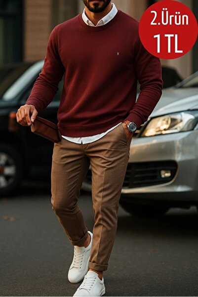 COMBİNE MİCHAİL Erkek Basic Bisiklet Yaka Bordo Sweatshirt