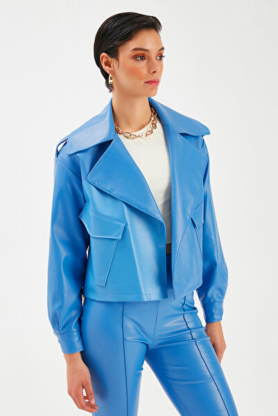 Sateen Jachetă din piele cu guler larg - ALBASTRU