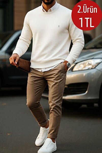 COMBİNE MİCHAİL Erkek Basic Bisiklet Yaka Beyaz Sweatshirt