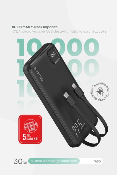 Kensa 10.000 mAh Dijital Göstergeli Dahili Çoklu Kablolu Powerbank – Süper Hı...