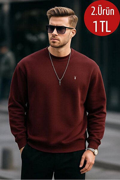 COMBİNE MİCHAİL Bordo Renk Basic Bisiklet Yaka Relaxed Regular Erkek Sweatshirt