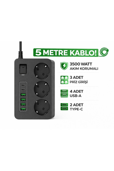SMAYLİNG 3 Priz 6 USB Girişli Anahtarlı 5 Metre Kablolu 3000W Akım Korumalı Ç...