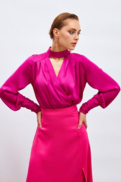 Sateen Bluză tip body cu detalii drapate - Fucsia