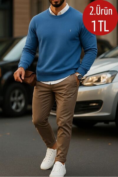 COMBİNE MİCHAİL Erkek Basic Bisiklet Yaka İndigo Sweatshirt