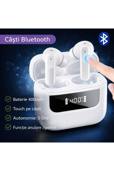 VALDUS Căști intraauriculare VNC-310 Bluetooth 5.4, carcasă de 400 mAh, auton...