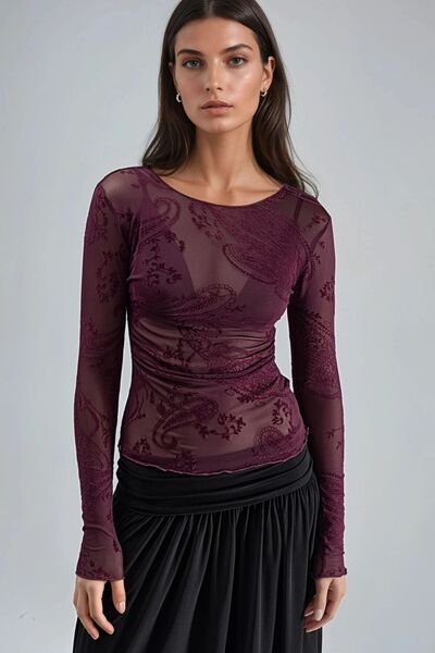 Hiccup Busem Bodycon Long Sleeve Patterned Tulle Blouse