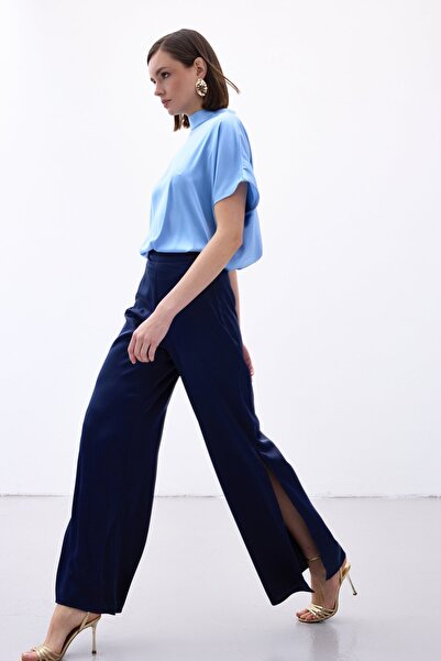 Sateen بنطال ستان بتفاصيل فتحة - أزرق داكن