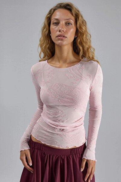 Hiccup Busem Bodycon Long Sleeve Patterned Tulle Blouse