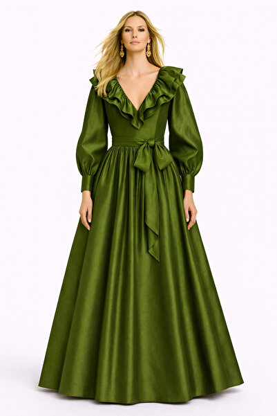 MERT ERKAN V-Neck & Ruffle Detail, Bubble Sleeve Taffeta Maxi Dress