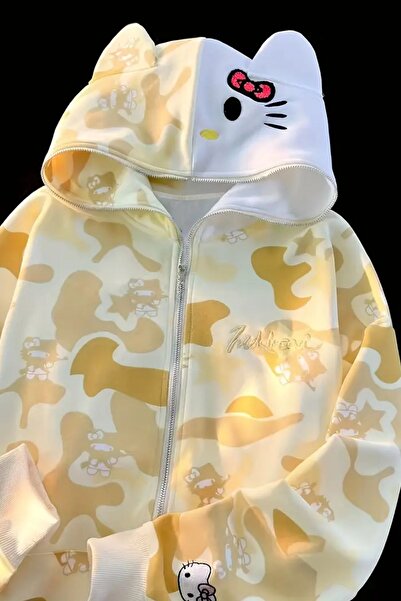 İlayda Toprak Camo Sarı Hello Kitty Unisex Hoodie Fermuarlı Uzun Kollu Hırka
