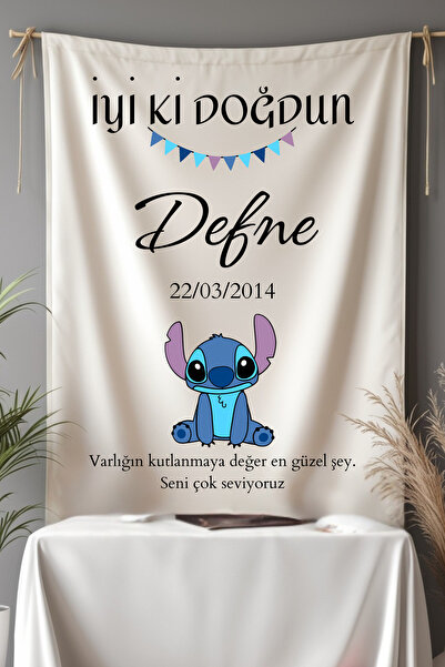 Puppetzzz Stitch Temalı isimli Doğum Günü Flama Afiş Duvar Örtüsü Büyük Boy